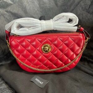 Versace Quilted Red Leather Half Moon Shoulder Bag